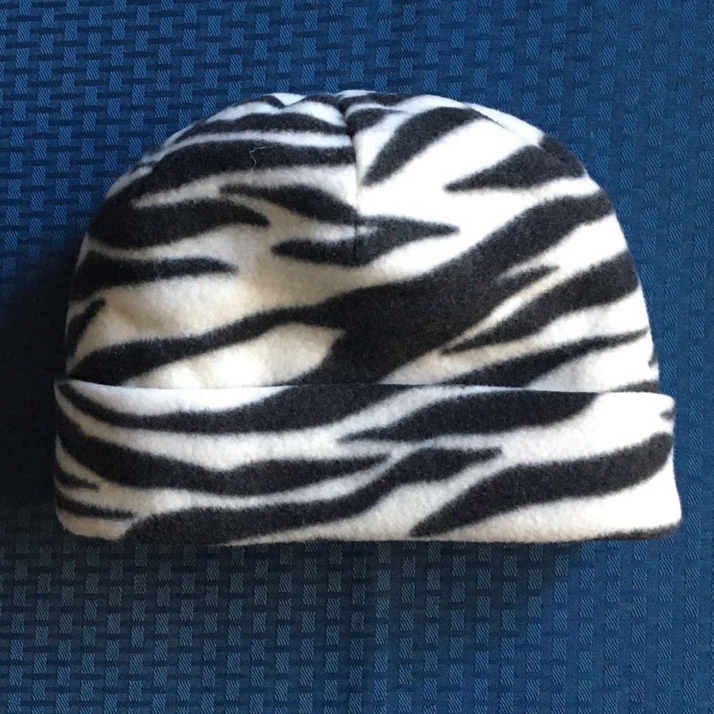 Zebra Print Fleece Beanie Hat - Black and White